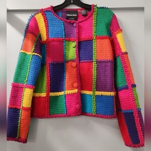 Vintage 1998 Michael Simon NY Multicolor Patchwork Cardigan Sweater Size S Rare